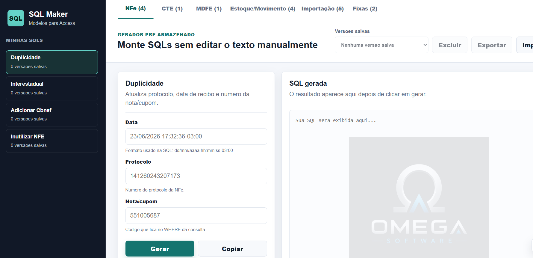 Sql Maker com modelos de SQL e formulário de geração